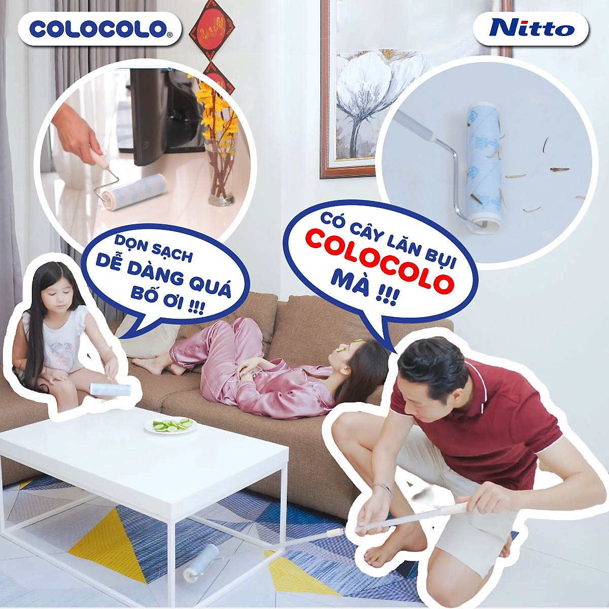 Cây Lăn Bụi Sàn Nhà Cán Dài COLOCOLO Nhật Bản - Tăng giảm chiều dài linh động 610mm-970mm