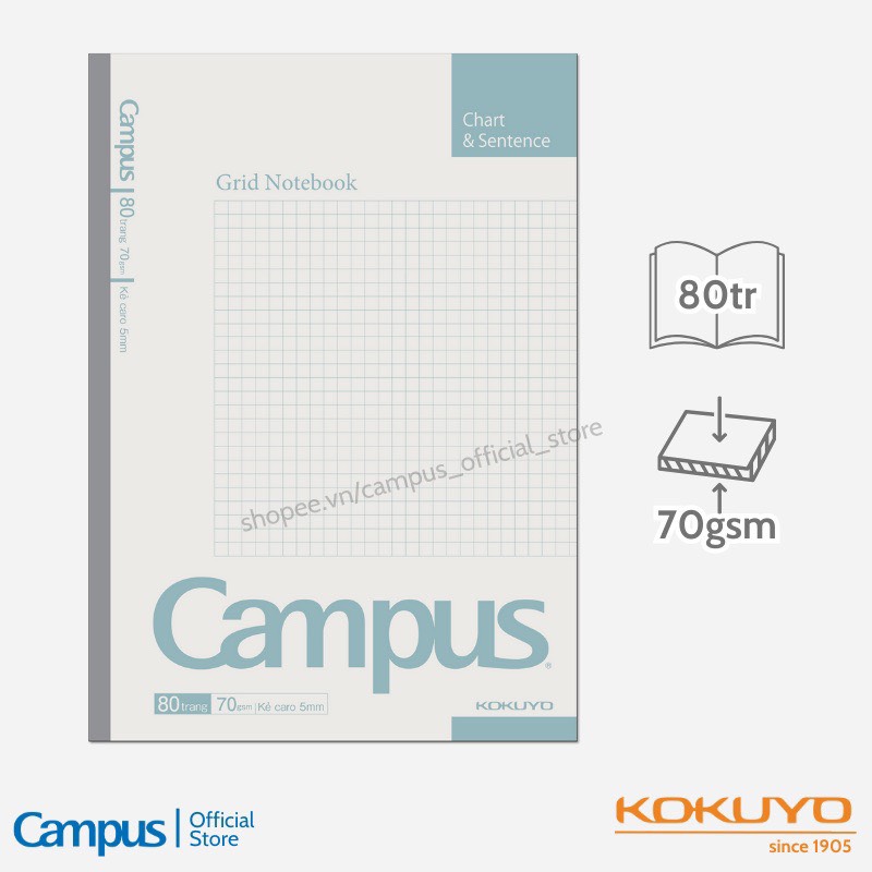 Lốc 5 Vở Caro Campus Basic Notebook 120 Trang - Dòng Kẻ Caro 5mm, Phong Cách Đơn Giản