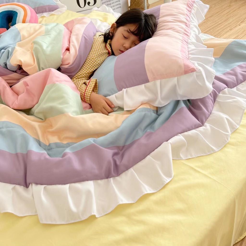 Bộ chăn ga Cotton Đũi phối bèo hàng nhập khẩu siêu mềm mát - họa tiết cầu vồng