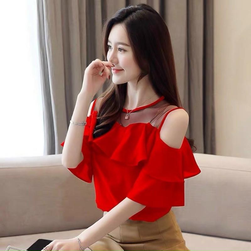 Áo sơ mi cổ tròn phối lưới và bèo