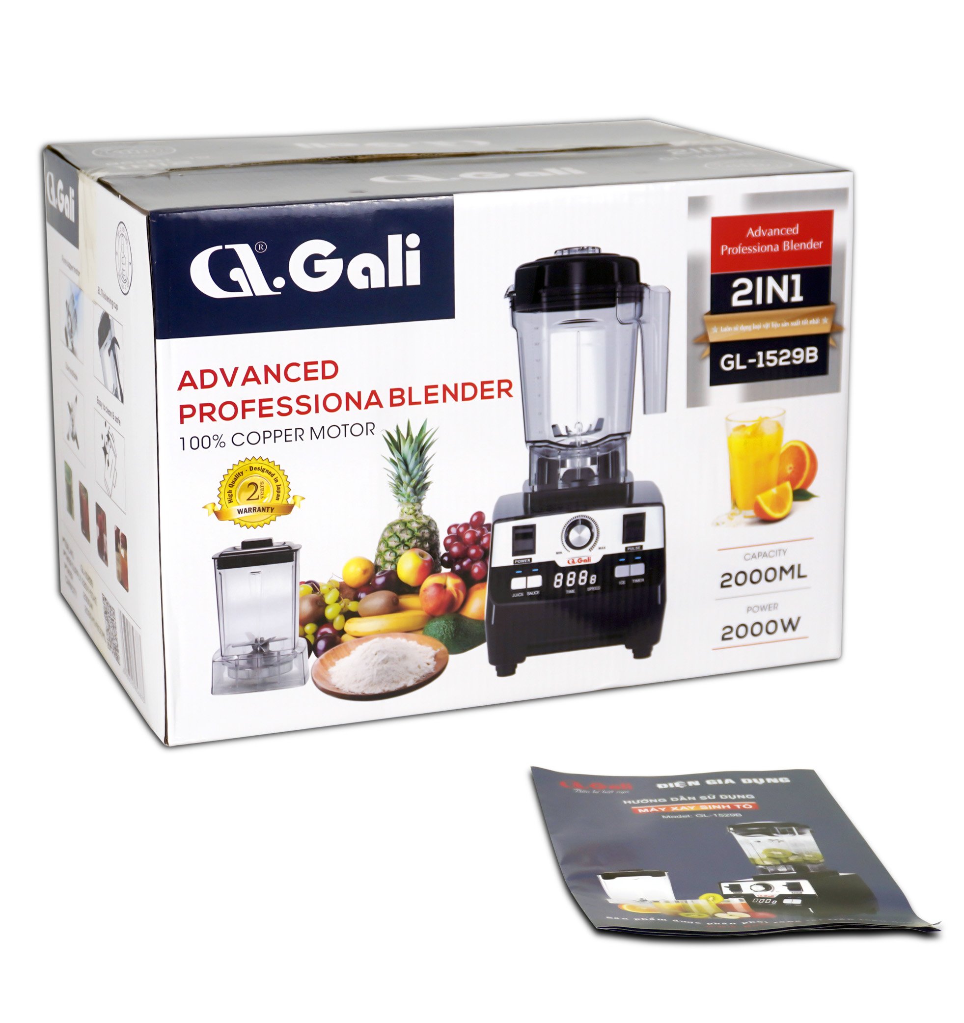 Sinh Tố Công Nghiệp Gali GL-1529B Dung tích 2 Lít, Motor 100% dây đồng đảm bảo độ bền bỉ, bảng điều khiển dạng cảm ứng, lưỡi dao bằng thép không gỉ. Hàng chính hãng bảo hành 24 tháng