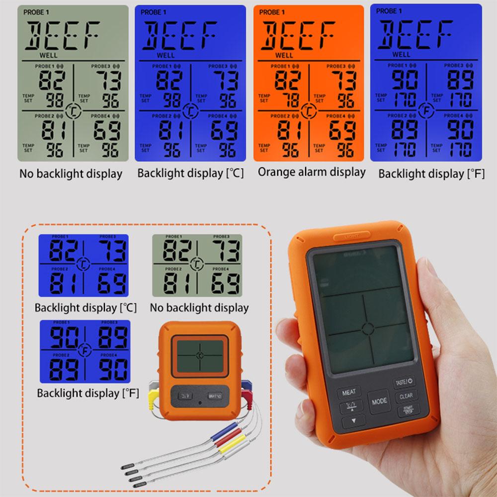 Wireless Meat Thermometer with 4 Probes 328Ft Long Range Colorful LCD Backlight Display Countdown Timer Temperature Alarm Digital Remote BBQ Thermometers for Barbeque Grill Oven Kitchen