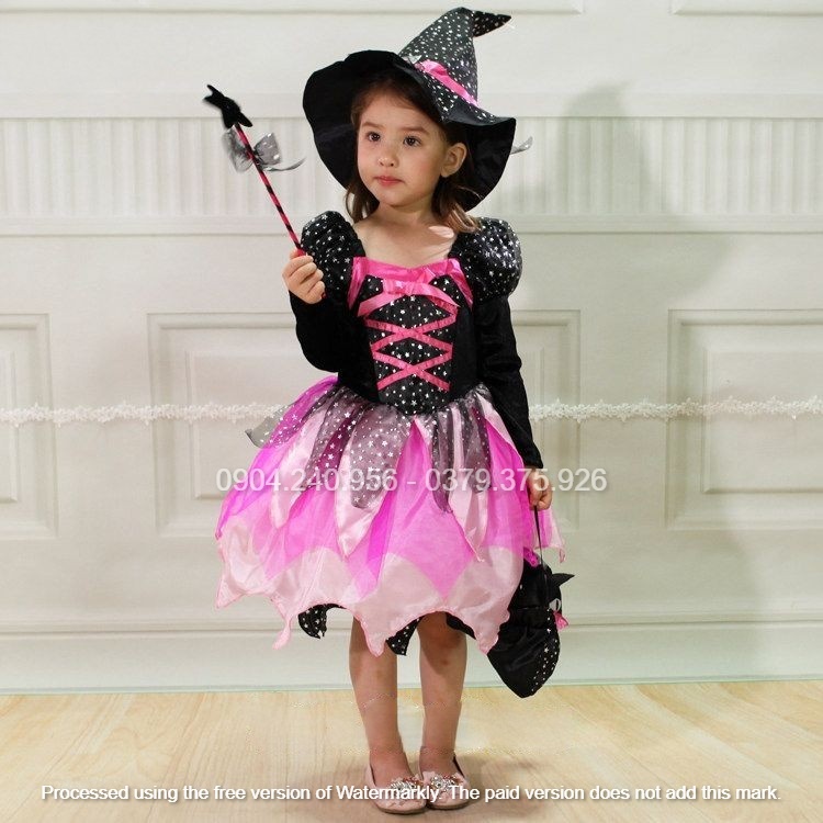 Váy, đầm hóa trang Halloween cô phù thủy xinh xắn cho bé gái có kèm mũ, gậy ngôi sao và túi xách đựng quà