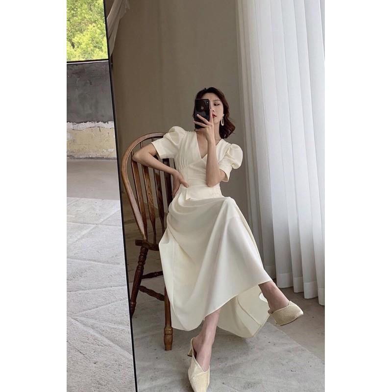 Đầm midi xếp eo cổ V tay phồng