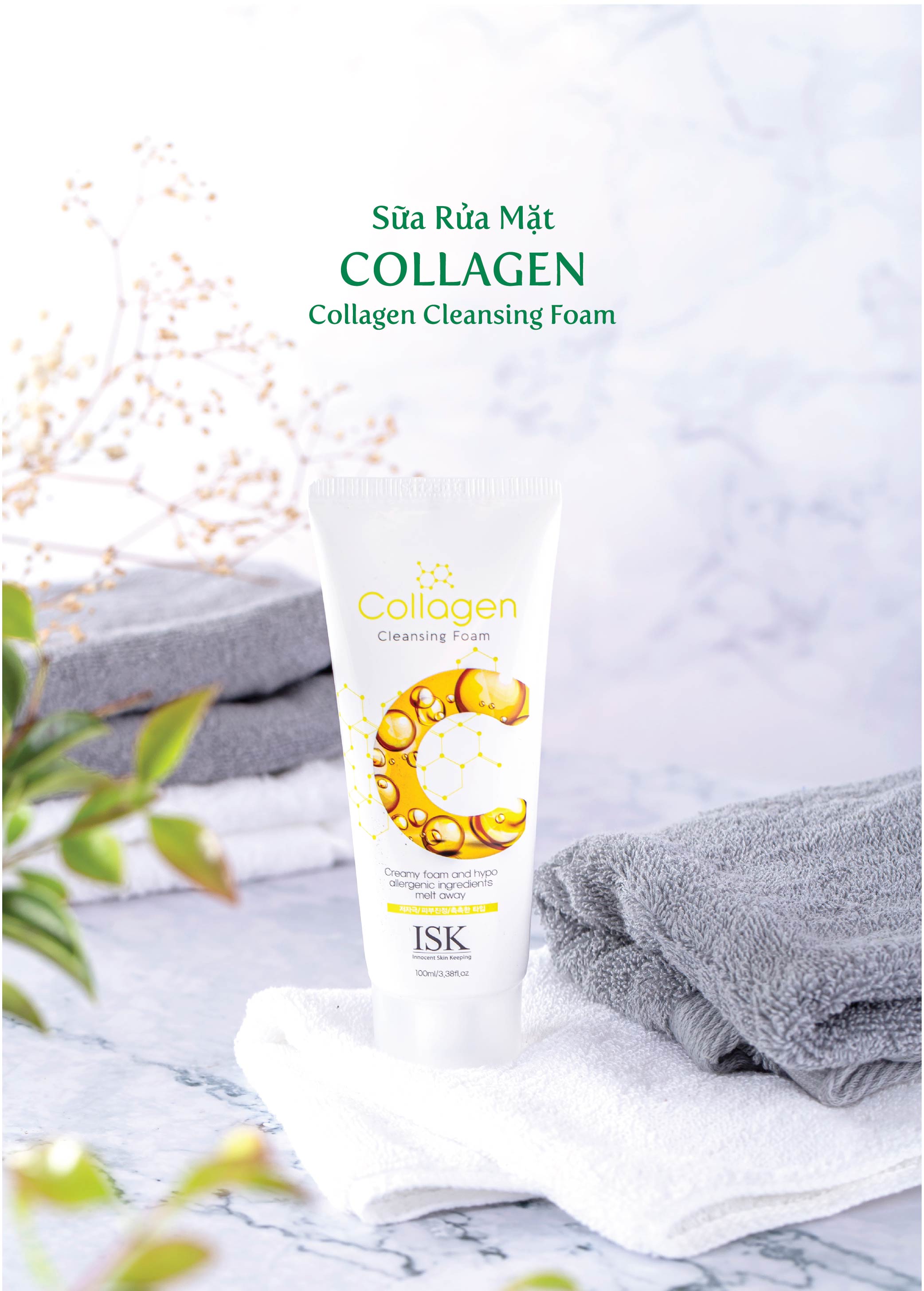 Sữa rửa mặt Collagen săn chắc và nâng cơ da ISK Hàn Quốc 100ml tặng kèm móc khóa