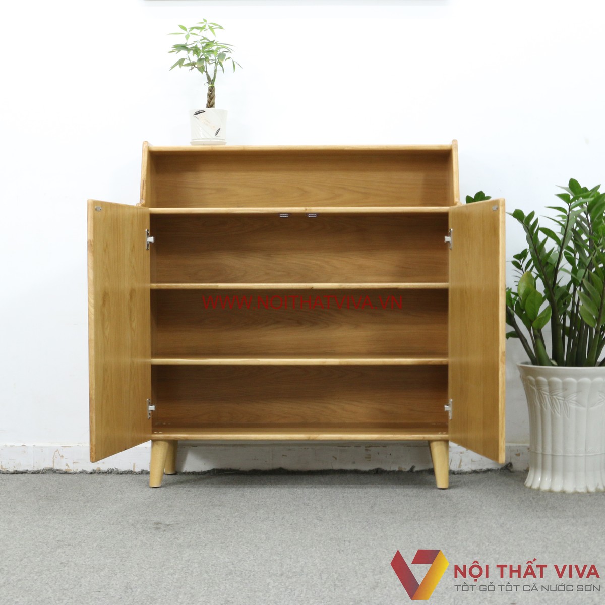 Tủ Đựng Giày Dép Gỗ Tự Nhiên Chân Cao Màu Sồi 4 Tầng Đẹp Giá Rẻ