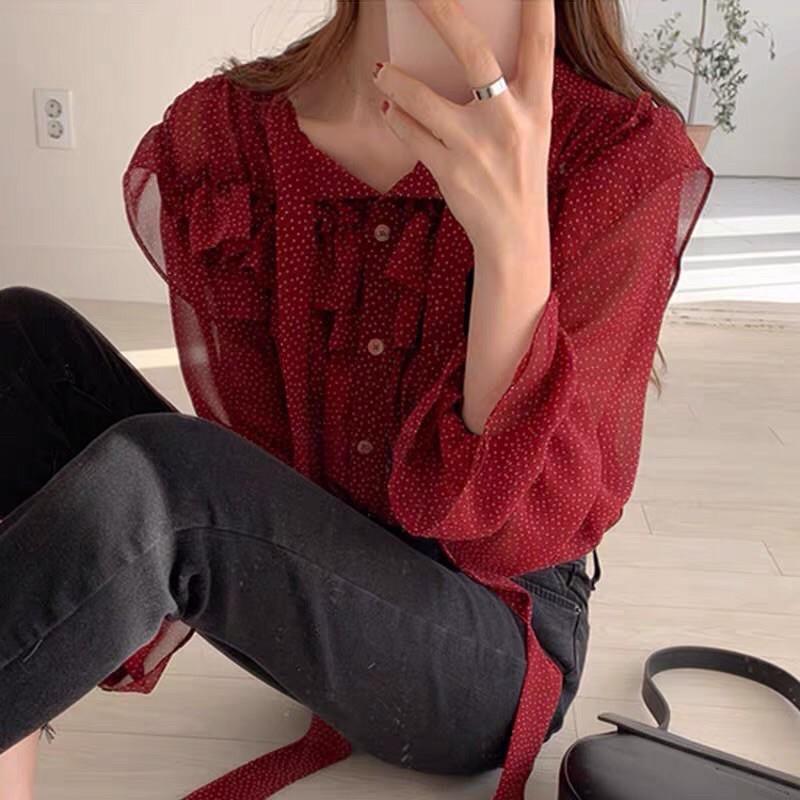 Sơ mi bèo cổ cột nơ hoạ tiết chấm bi