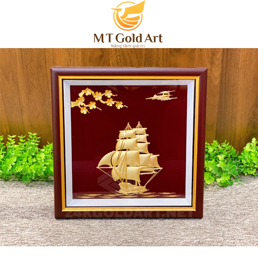 Tranh thuyền buồm hoa mai dát vàng 30x30cm MT Gold Art- Hàng chính hãng, trang trí nhà cửa, phòng làm việc, quà tặng sếp, đối tác, khách hàng, tân gia, khai trương