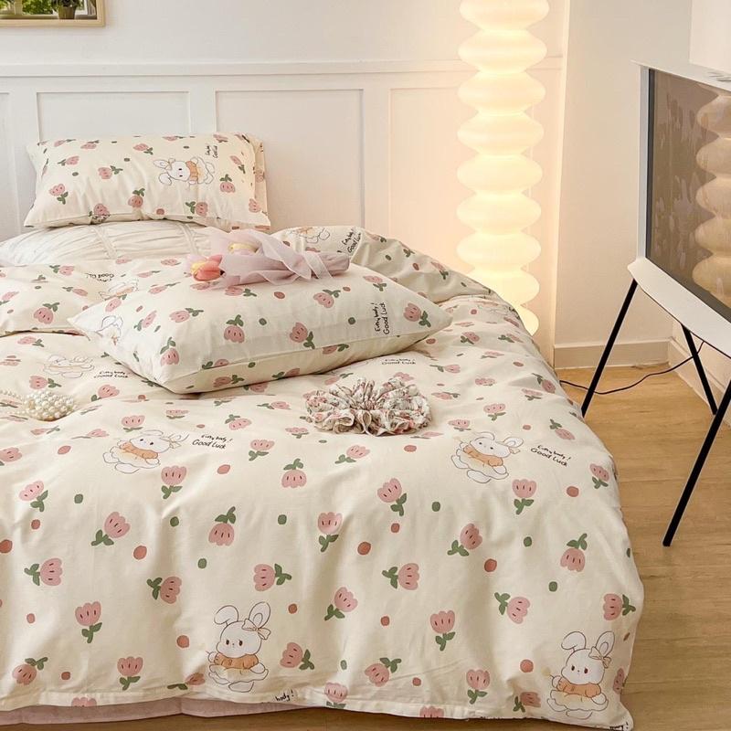 Bộ Chăn Ga Gối Living 100%cotton Hàng Nhập Khẩu Cao Cấp 4 Món Hoa Thỏ