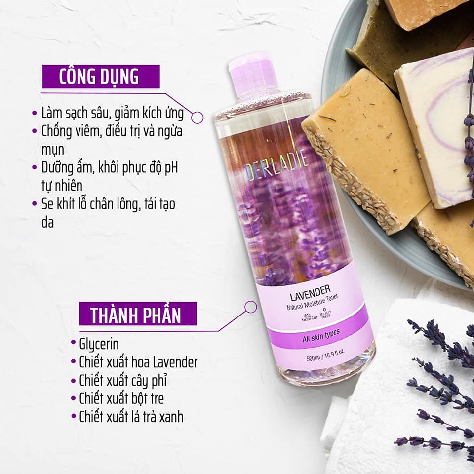 Nước hoa hồng kháng viêm, kiềm dầu và hỗ trợ làm giảm mụn Derladie Lavender Natural Moisture Toner 500ml + tặng 1 con lắc lò xo EMOJI ( hình ngẫu nhiên)