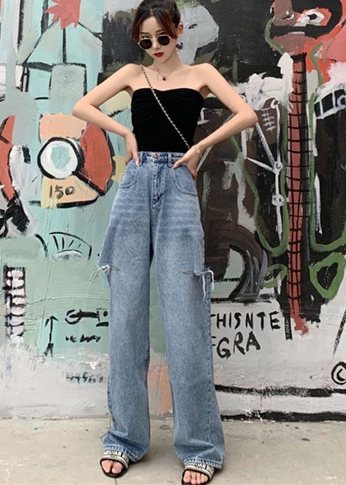 Quần jeans nữ ống rộng rách 2 đùi, thời trang phong cách trẻ