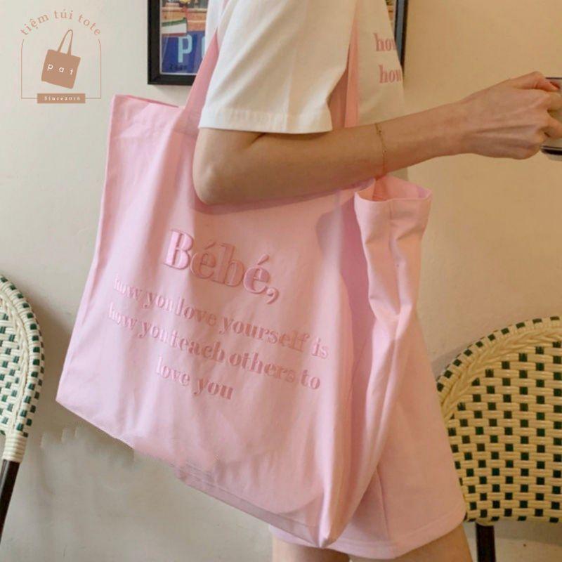 Túi tote vải canvas họa tiết thêu bé bé màu sắc pastel TP7 | tiemtuitotebypat