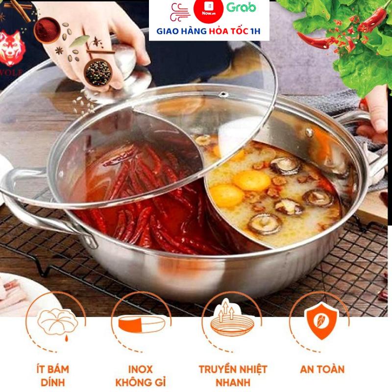 Nồi Lẩu Hai Ngăn Inox Nấu Được Bếp Từ Có Nắp Kính