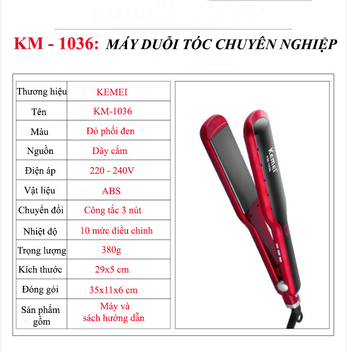 Máy duỗi, ép tóc cao cấp KEMEI KM-1036 tiện lợi chuyên nghiệp điều chỉnh 10 mức nhiệt độ có màn hình LED hiển thị dùng để duỗi thẳng, ép, uốn xoăn tóc, uốn cụp đuôi dễ dàng, thích hợp sử dụng cho salon và gia đình
