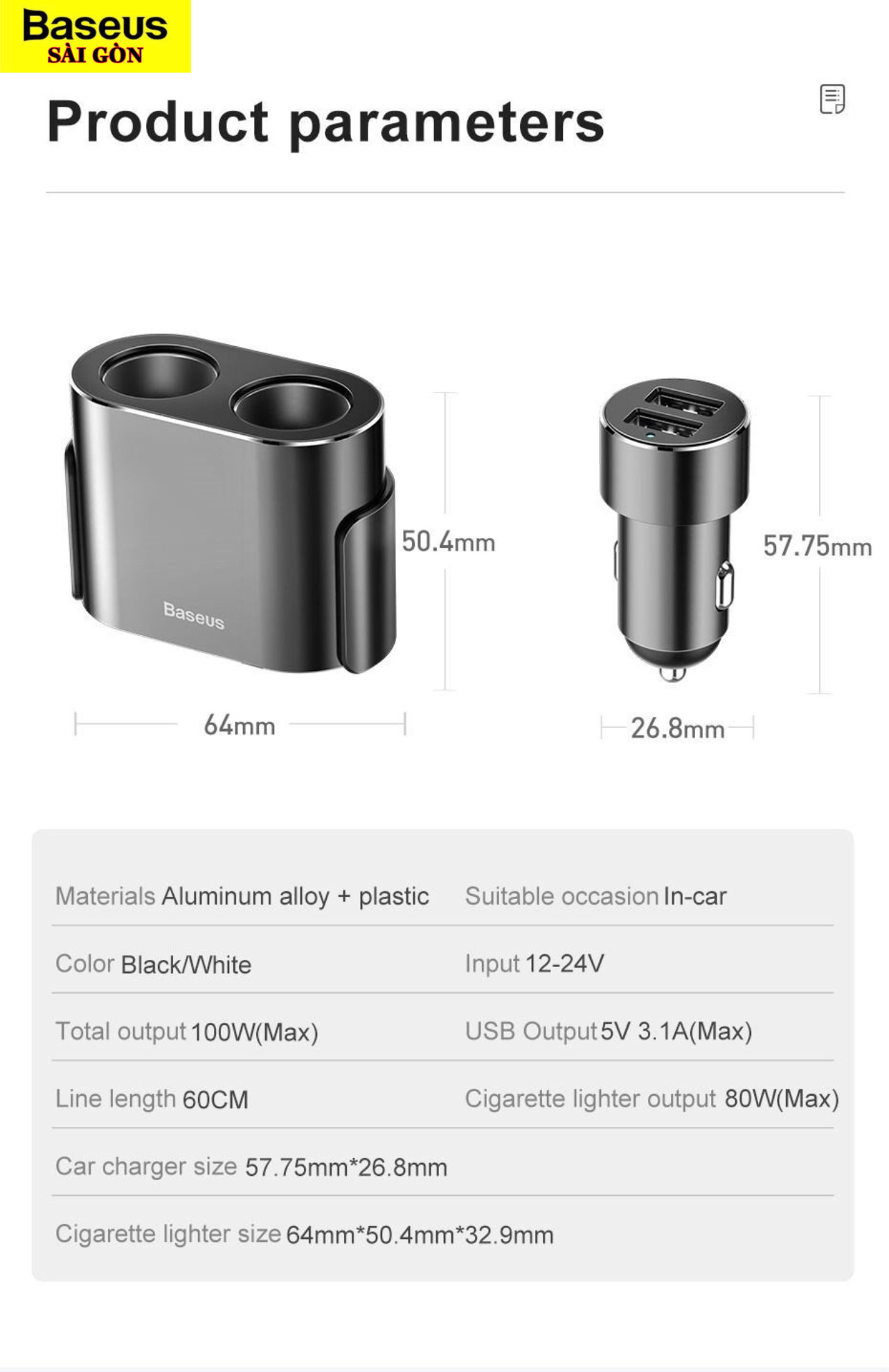 Tẩu sạc Baseus High Efficiency 1 to 2 Cigarette Lighter đa năng tích hợp bộ chia cổng sạc- hàng chính hãng