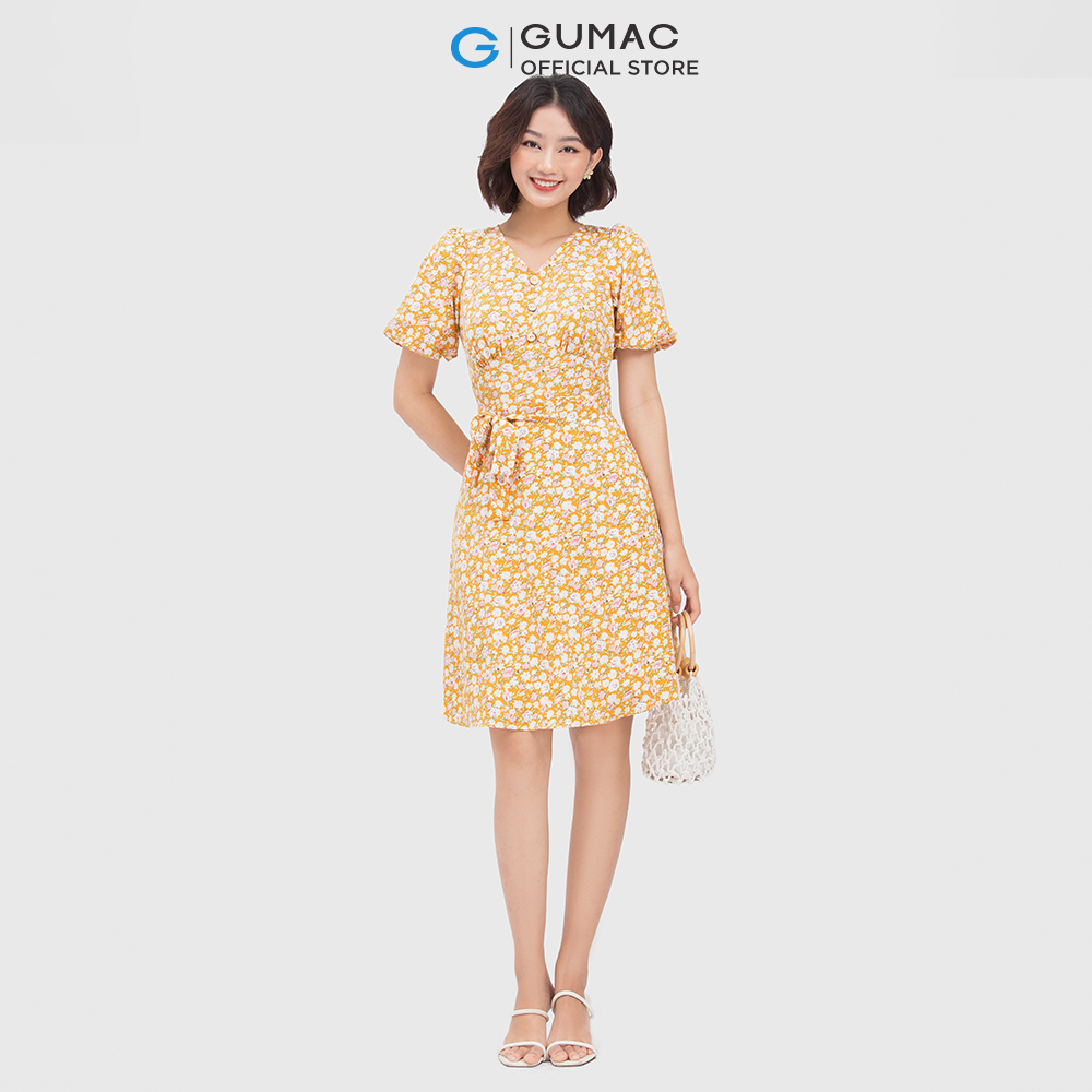 Đầm nữ GUMAC DC04038 form A xòe cổ chữ V nhún ngực dễ thương