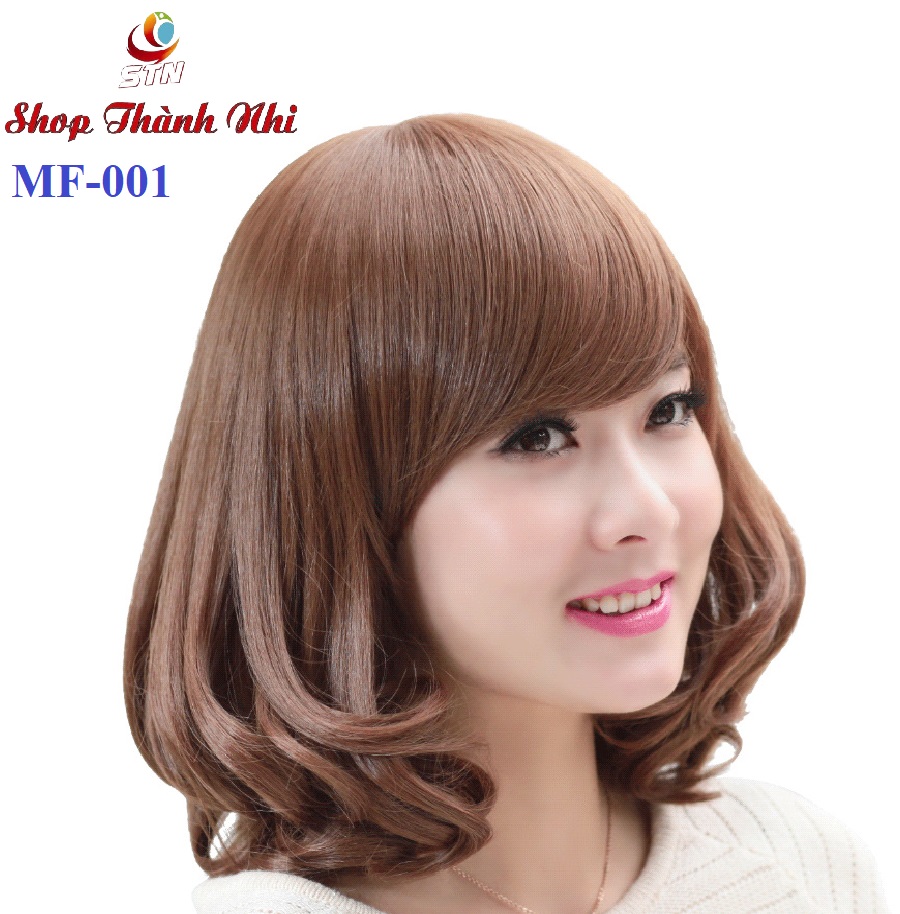 Tóc giả nữ nguyên đầu hàn quốc, kiểu ngắn, mái thưa tặng kèm lưới trùm tóc, giống hình 90%, tóc tơ nhân tạo chịu nhiệt