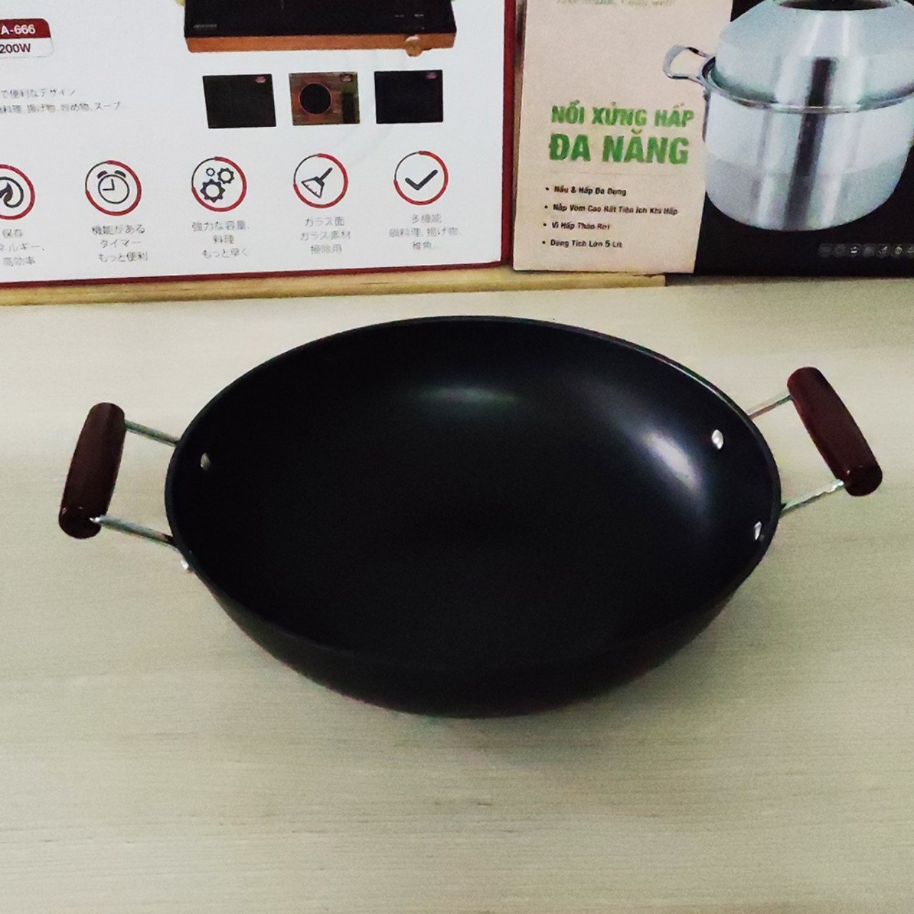 Chảo xào thép sâu lòng Nitriding Greencook GCW01 size 32/34/36cm dùng mọi loại bếp, chống dính tự nhiên-hàng chính hãng