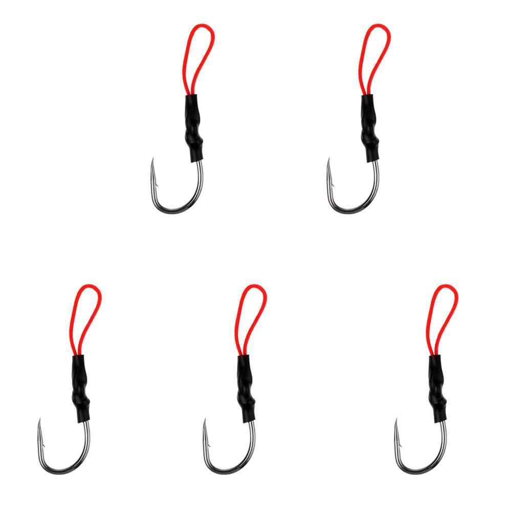 5 Pieces/Pack Fishing Assist Hooks - Barbed Jigging Assist Hooks Stainless Steel Assist Fishing Hooks Fishhooks with Red PE Line