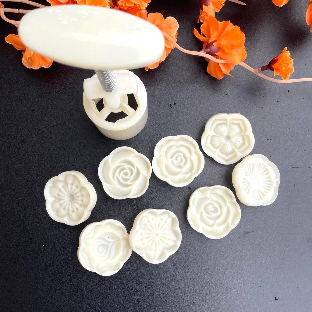 Bộ 8 Mặt Khuôn Trung Thu Hoa Mai, Hoa Hồng, Hoa Đào, Hoa Sen 50gr Hoa Văn 3D sắc nét, làm bánh qui in dấu phục linh