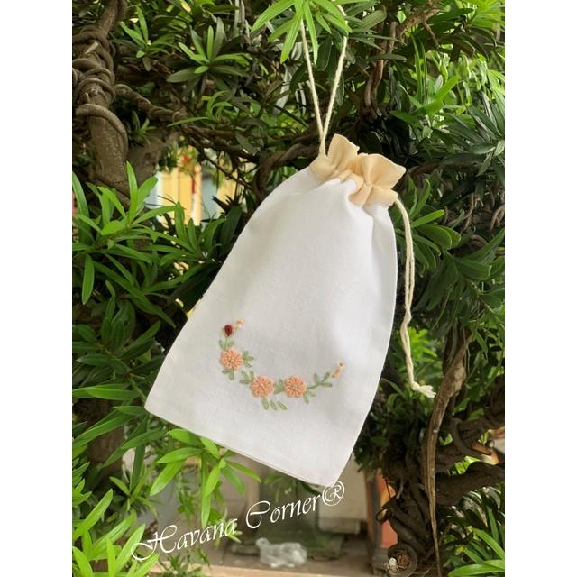 Túi dây rút mini thêu hoa cuốn chỉ 9.5*16.5 cm - Vietnam Handmade Pouch With Embroidery