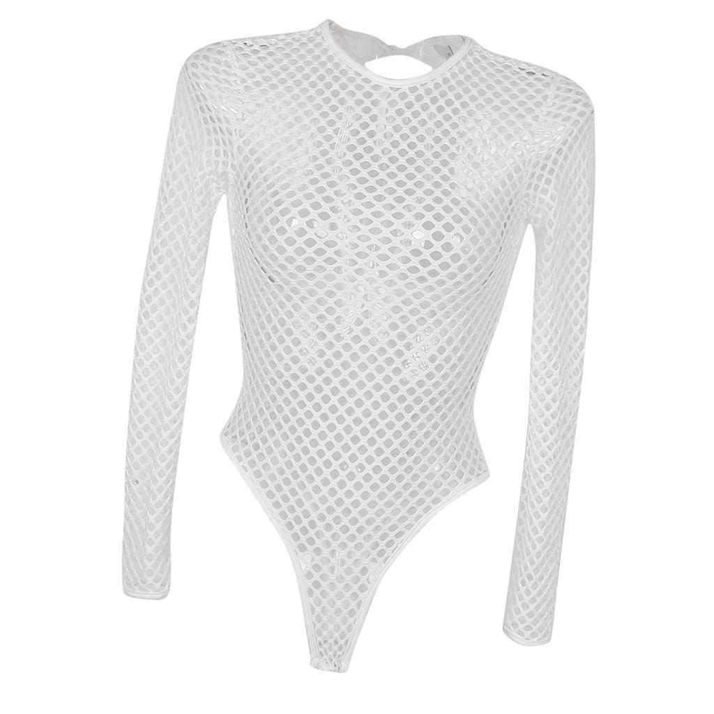 Women's Tight Mesh Long Sleeve Backless Bodysuit Jumpsuit Shapewear One Piece Swimsuit