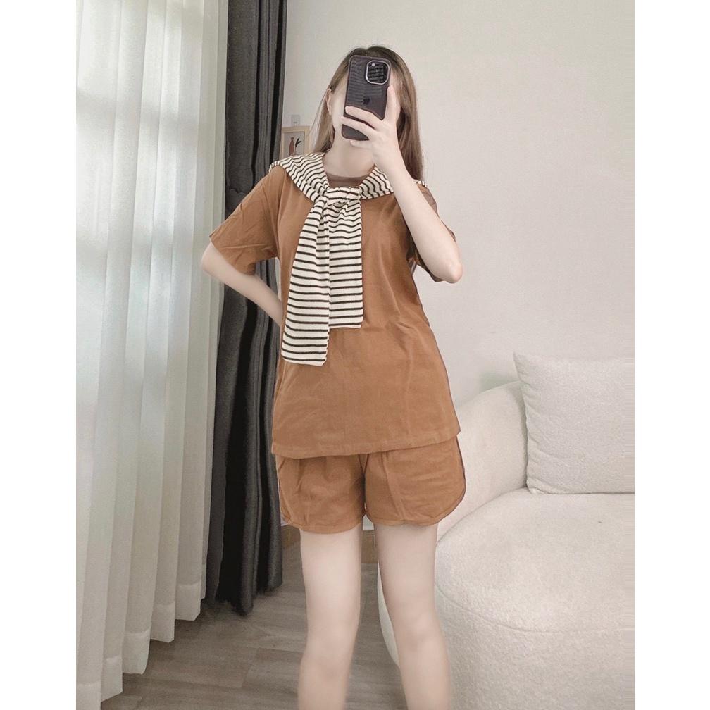 SET BỘ ĐI CHƠI, SET 2 MÓN ÁO THUN CỔ TRÒN TAY NGẮN MIX KHĂN PHỐI QUẦN ĐÙI CỰC XINH