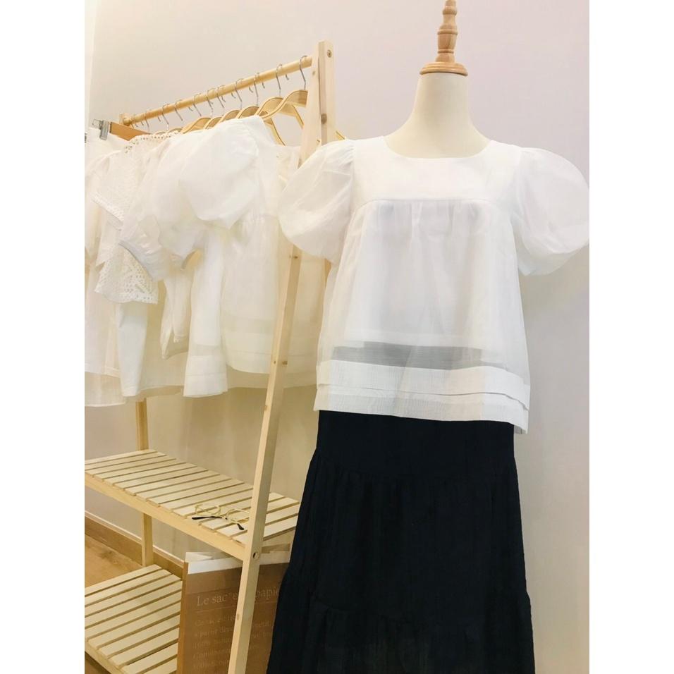 Áo babydoll voan tơ tay phồng thắt nơ SAU