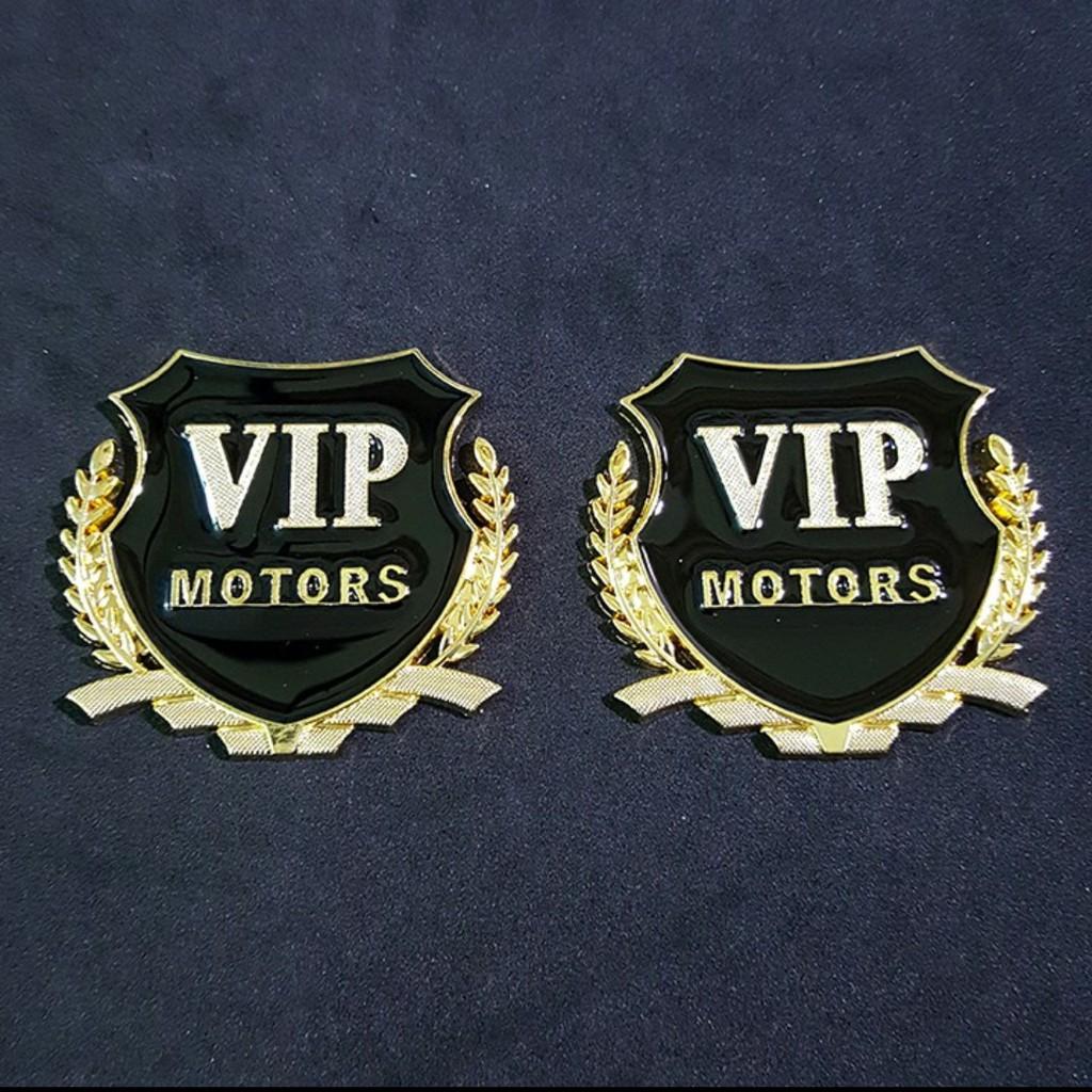 Hai miếng dán logo kim loại chữ Vip Motor bông lúa trang trí ô tô