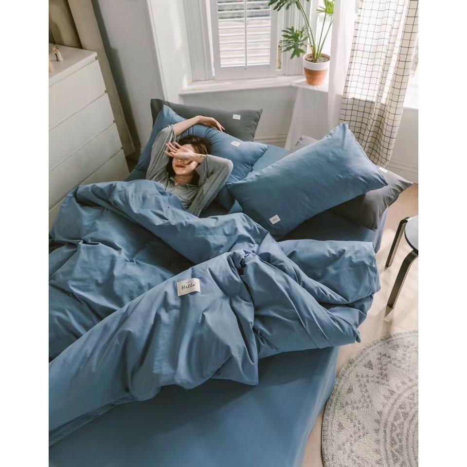 Bộ Chăn Ga Gối Cotton Đũi - Xanh Nước Biển