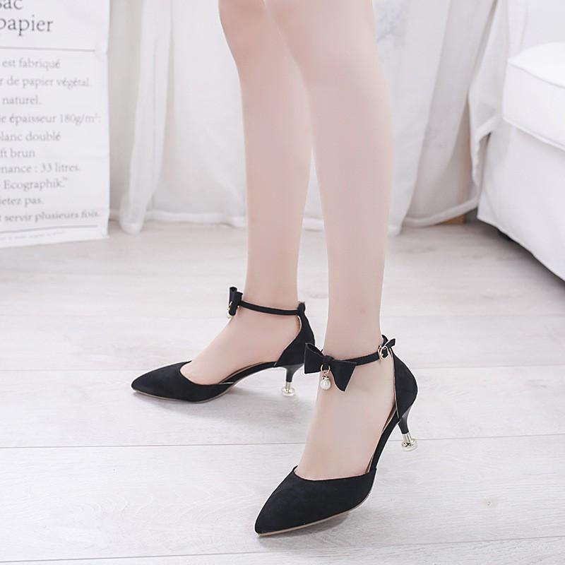 Giày cao gót 7 phân, Giày cao gót nữ gót nhọn bít mũi nơ 1 hạt ngọc