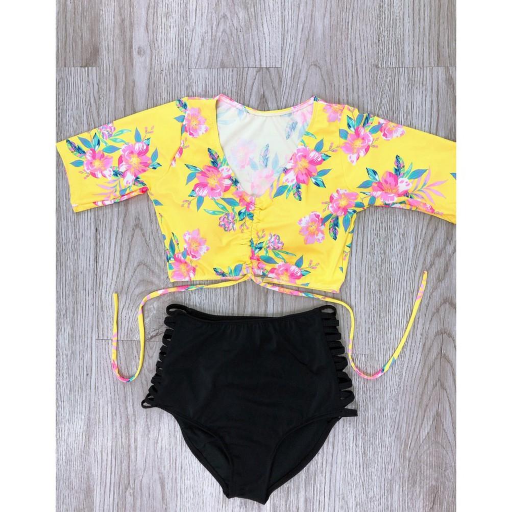 Bikini hai mảnh áo hoa vàng cọc tay váy xoè mặc đi biển đi bơi ( Đảm bảo như hình)