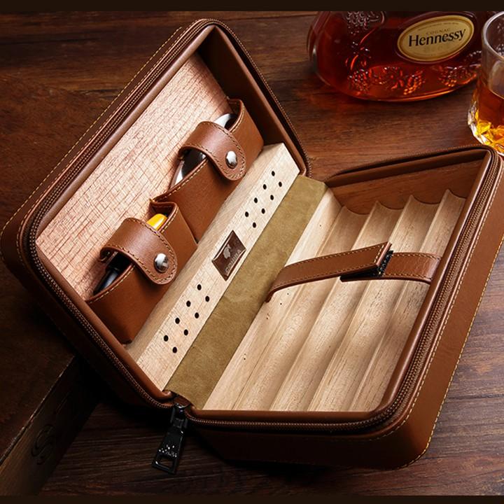 Hộp đựng xì gà mini 4 điếu bằng da cao cấp - Bao da, túi đựng và bảo quản giữ ẩm cigar làm quà biếu tặng bố, tặng sếp