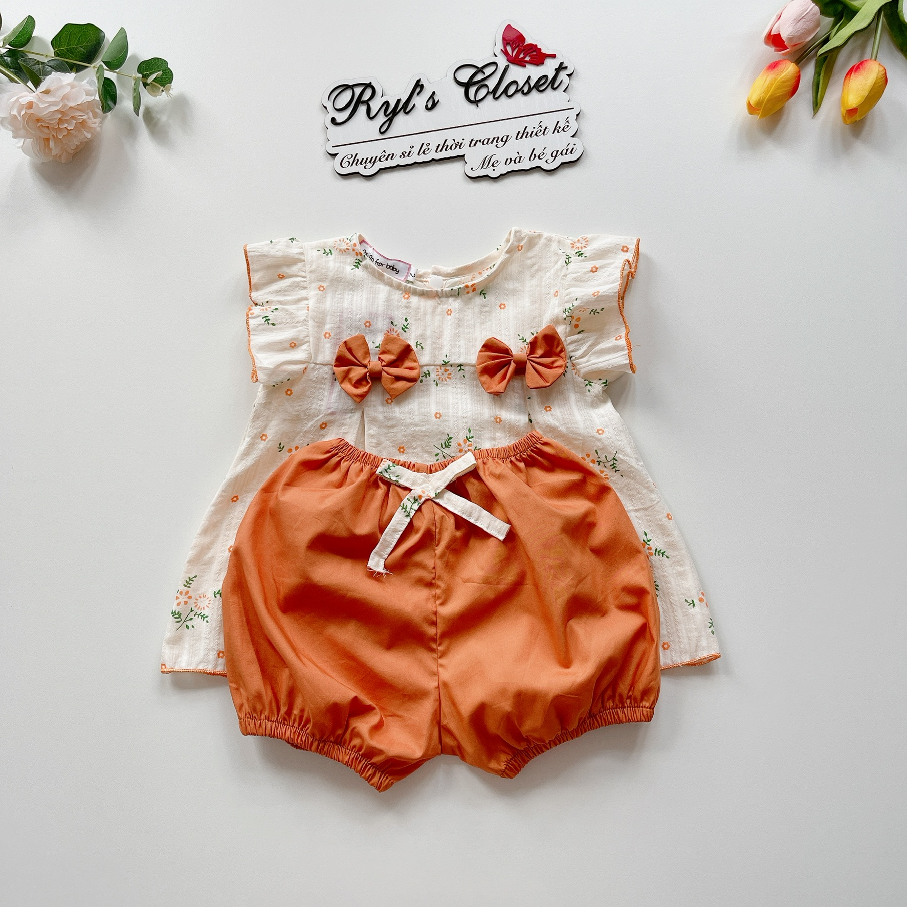 Sét Bộ Nơ Cam Cho Bé Gái 4 Đến 18kg, Bộ Tay Cánh Tiên Bé Gái Xinh Xắn