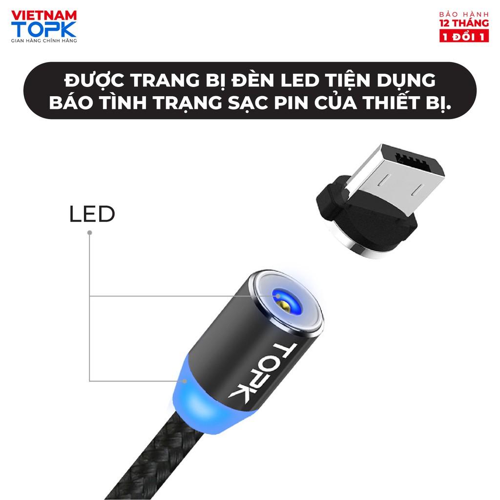 Dây sạc nam châm iPhone Type-C Micro USB TOPK AM23 Vỏ bện nylon dài 1-2m - Đèn LED - Hàng chính hãng