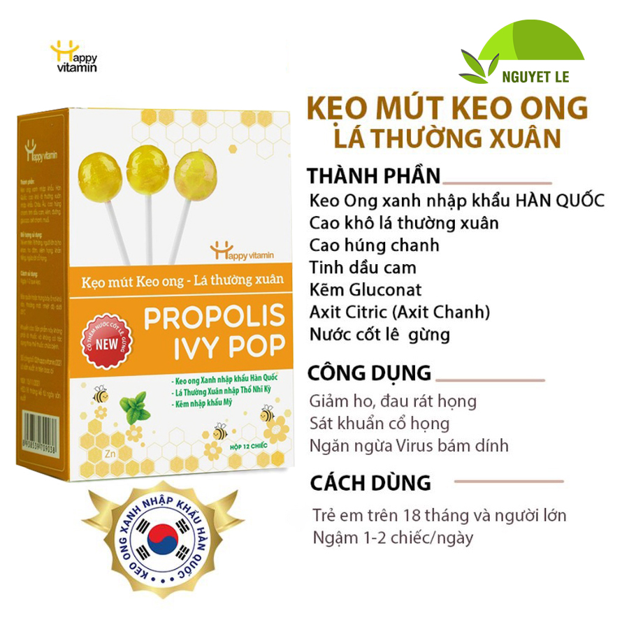 Kẹo Mút Keo Ong Lá Thường Xuân Happy Vitamin Hỗ Trợ Giảm Ho Dành Cho Trẻ