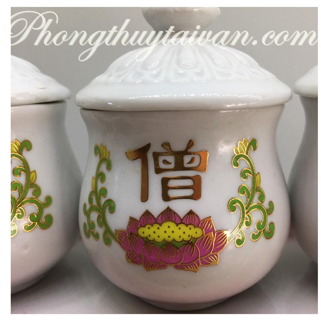 Khay chum nước 3 ly sứ trắng khắc chữ Hán(muối gạo nước)-15cm