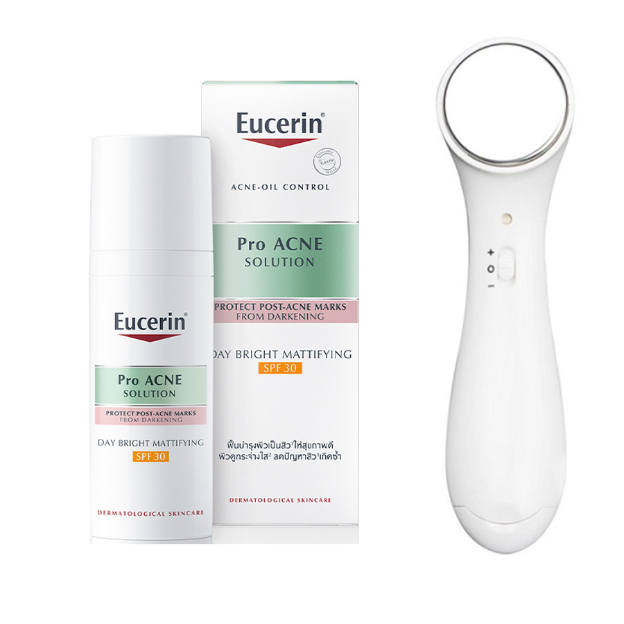 Kem dưỡng giúp giảm mụn, dưỡng trắng da Eucerin ProAcne Day Mat Whitening SPF30 50ml + Tặng máy massage mặt ion