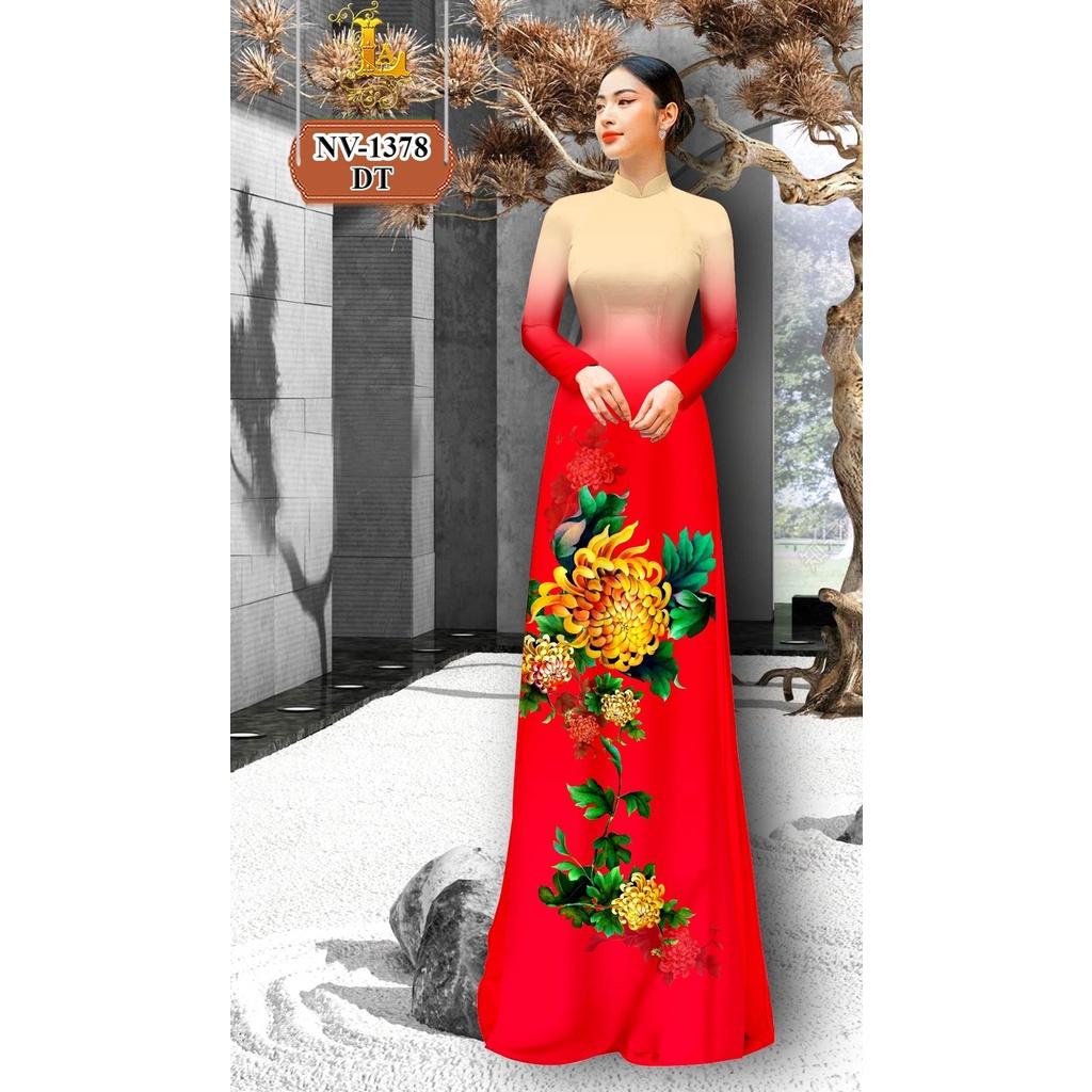 Nha Le - Vải May Áo Dài Hạo Tiết Hoa Cúc Đại Đóa, Chất Liệu Lụa Hồng Anh Cao Cấp Co dãn 4 Chiều
