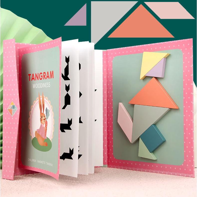 Đồ chơi Xếp hình gỗ Tangram nam châm có kèm sách cho bé, đồ chơi gỗ thông minh montessori