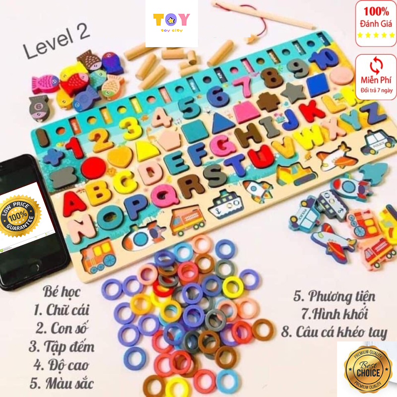 TOY CITYBộ Bảng Gỗ Câu Cá Và Ghép Hình Học, Chữ Số, Chữ Cái, Phương Tiện cho bé