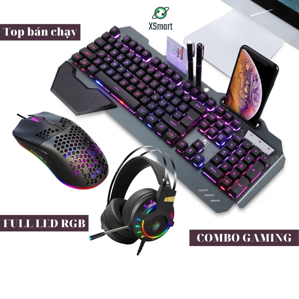 Combo bàn phím chuột chơi game XSmart kèm tai nghe headphone chụp tai gaming có mic cho máy tính laptop pc K618+M8+K3 - Hàng Chính Hãng