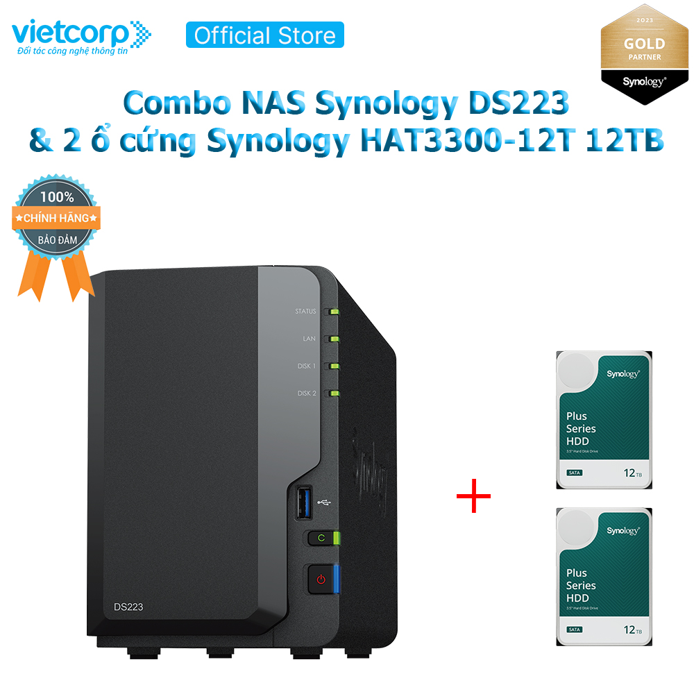 Combo Thiết bị lưu trữ NAS Synology DS223 và 2 Ổ cứng Synology HAT3300-12T Hàng Chính Hãng