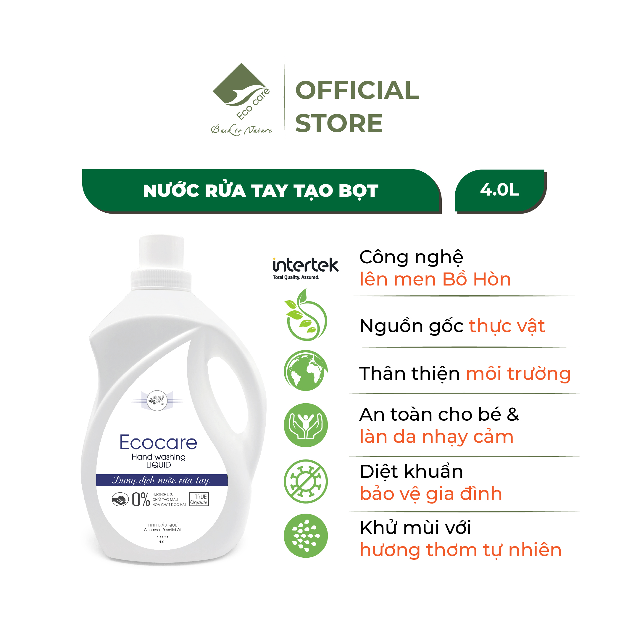 Nước rửa tay hữu cơ diệt khuẩn dạng bọt hương Quế 4000ml thương hiệu Ecocare