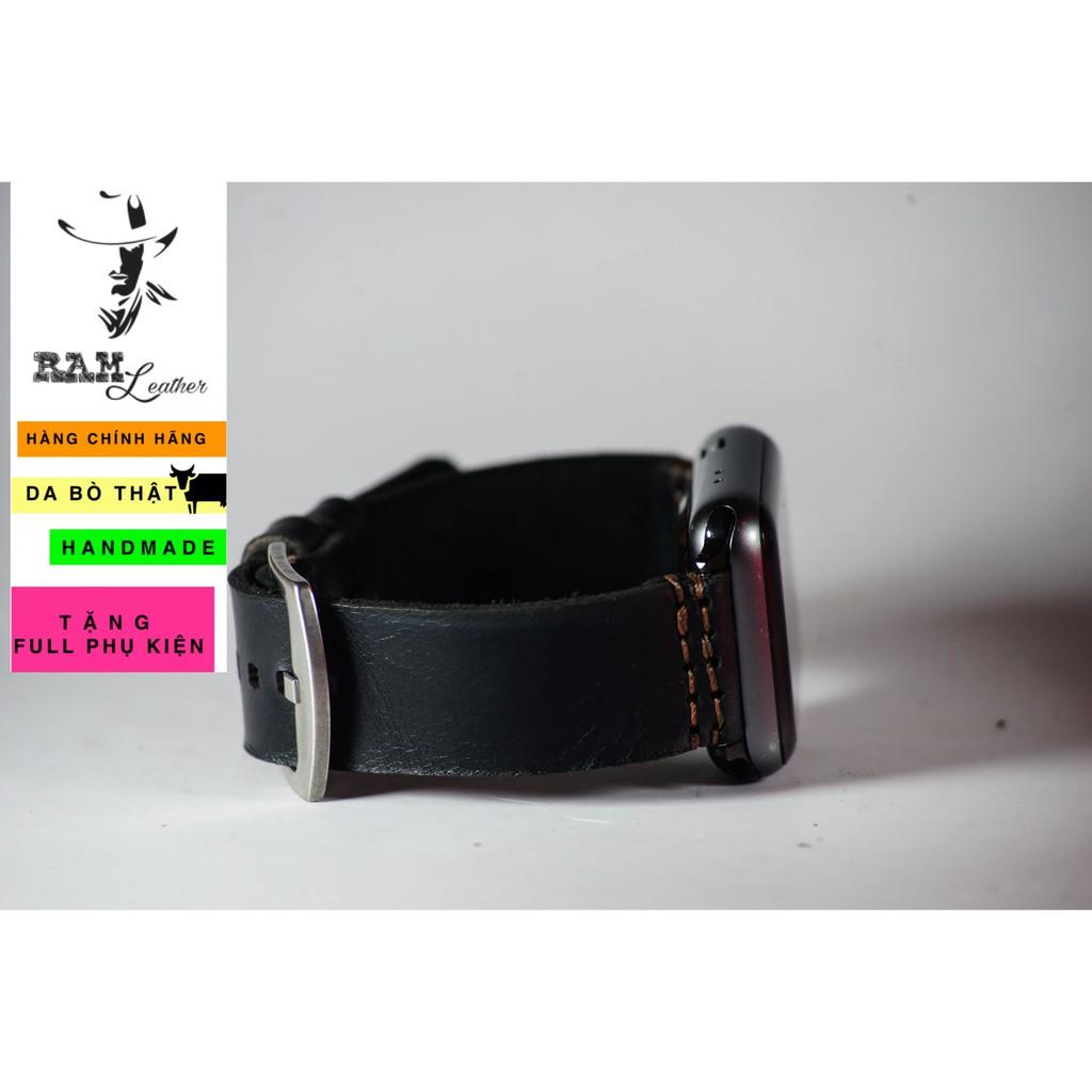 Dây đồng hồ da bò màu đen handmade bền chắc cao cấp RAM simple - tặng khóa chốt và cây thay dây