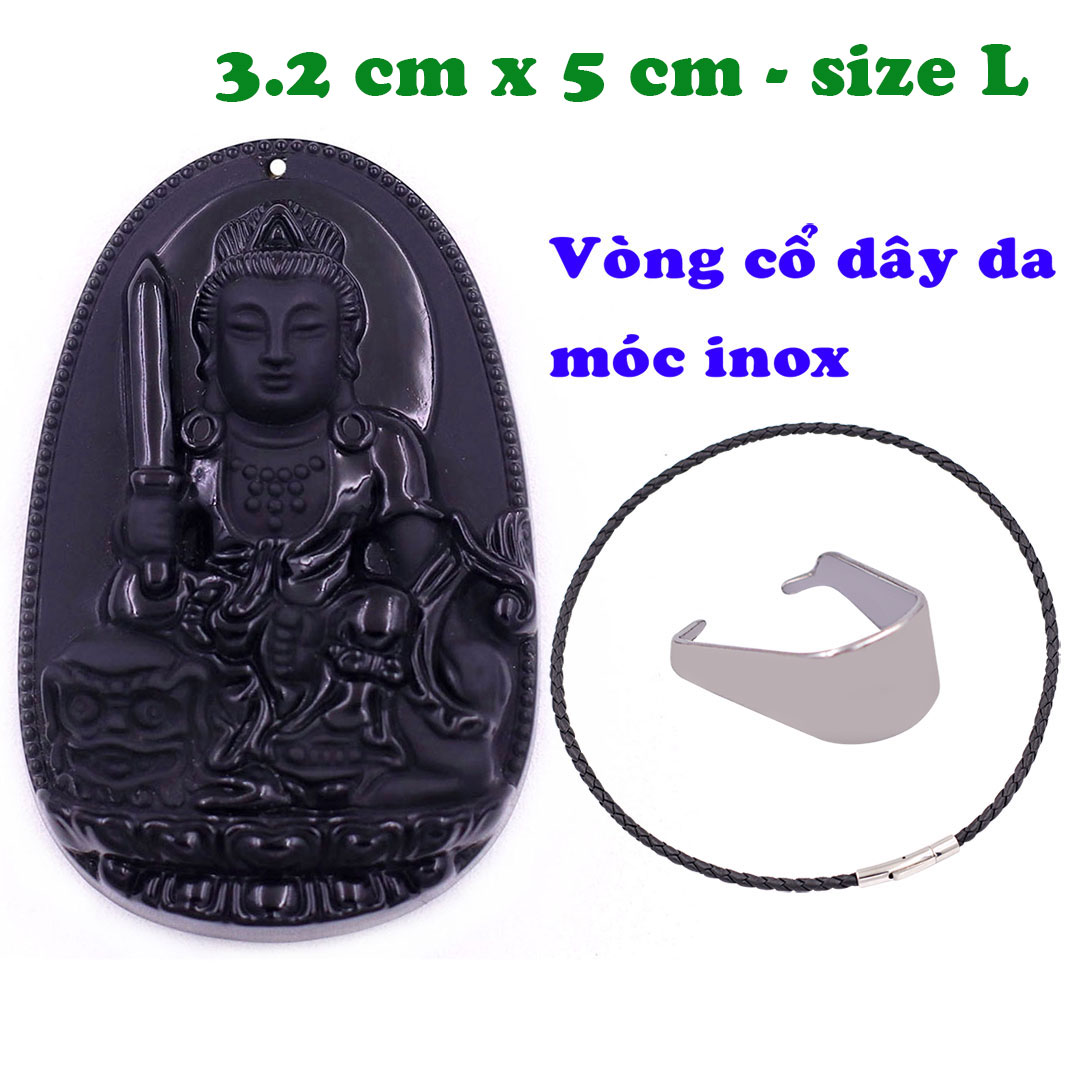 Mặt Phật Văn thù đá thạch anh đen 5 cm kèm vòng cổ dây da đen - mặt dây chuyền size lớn - size L, Mặt Phật bản mệnh