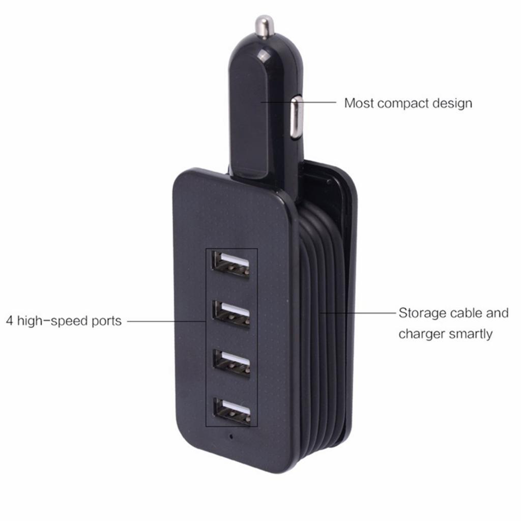 USB 4 Port Car Charger Fast Charging Adapter For IPhone Android With Cable