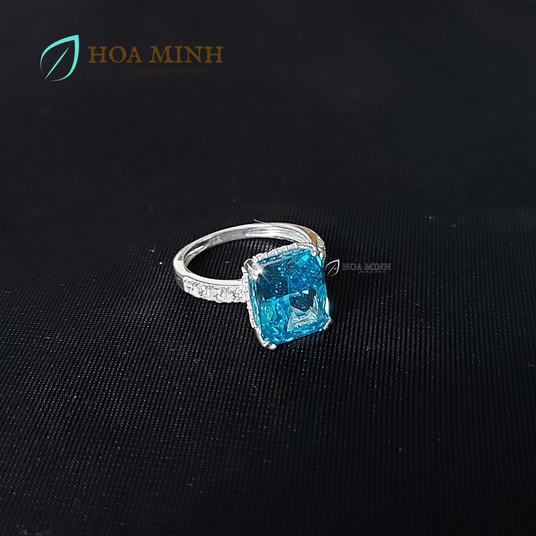 Nhẫn bạc cao cấp đính đá Nam Phi xanh aqua size chữ nhật lớn 9x11 li trang sức cao cấp, sang trọng
