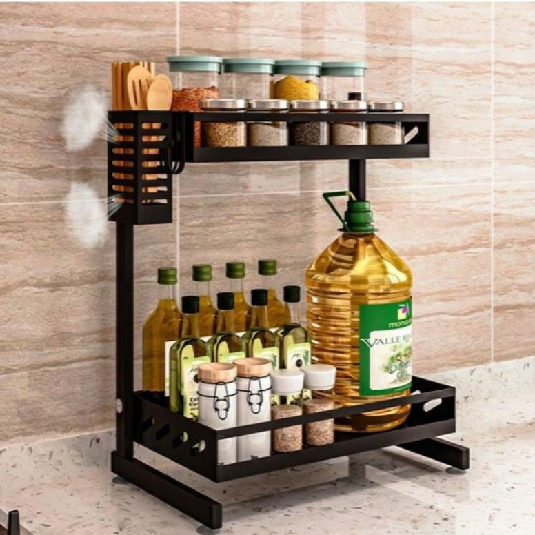 Kệ Gia Vị Thép ĐEN đa năng 2 tầng Có Ống Cắm Đũa Và Giá Để Thớt