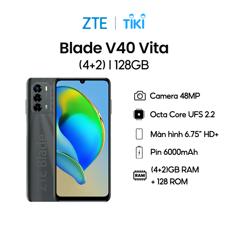 Điện thoại ZTE Blade V40 Vita (ZTE 8045) - MH giọt nước HD+ 6.75&quot; - Pin 6000 mAh sạc nhanh 22.5W -  Bộ nhớ mở rộng (4+2)GB - Hàng chính hãng